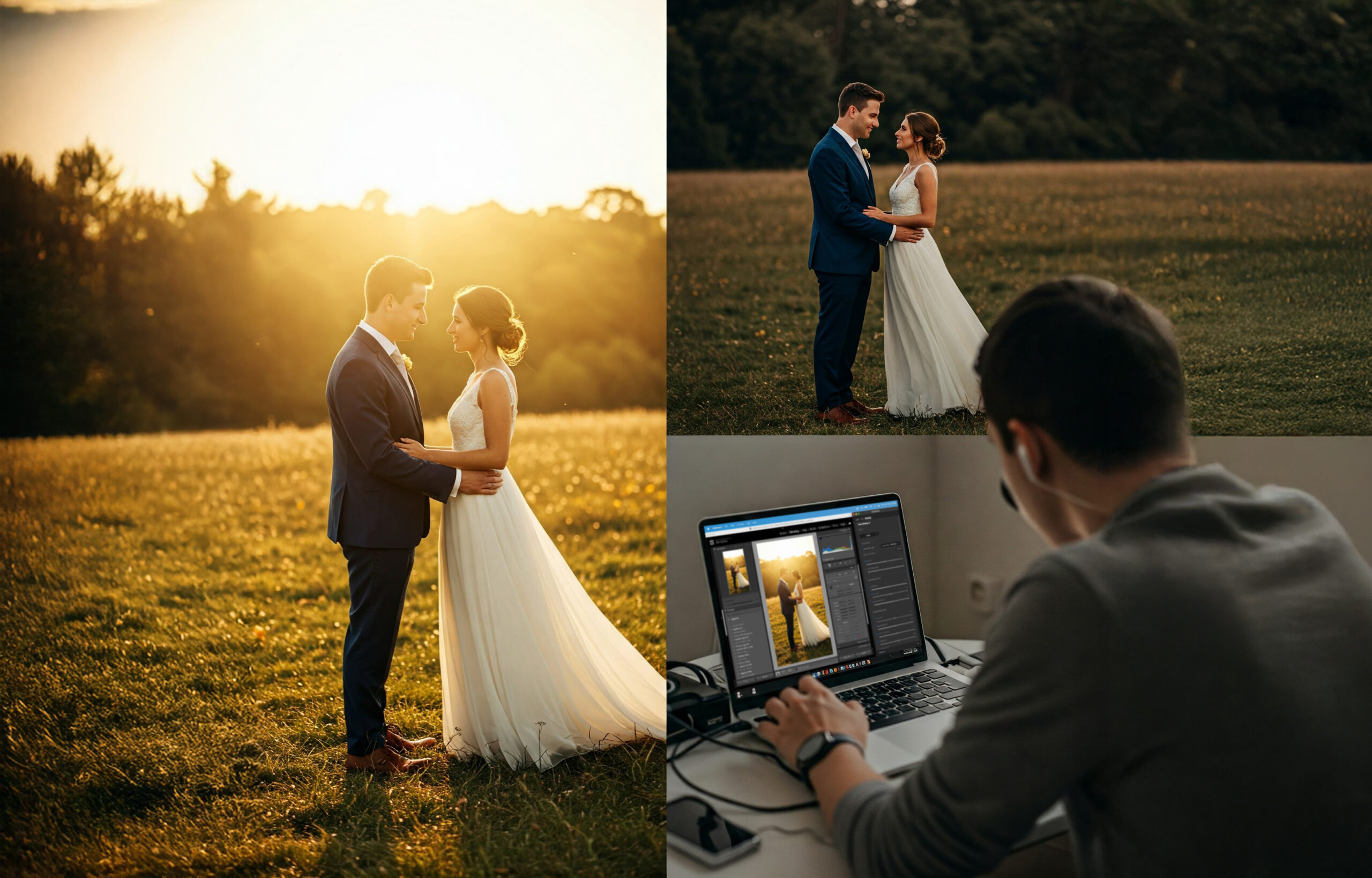 wedding photo editing showing a romantic outdoor wedding couple at sunset, the same couple in a shaded field, and a photographer editing wedding photos in Adobe Lightroom on a laptop using ON1 Lightpanel. The setup highlights both the beauty of captured moments and the streamlined editing workflow.